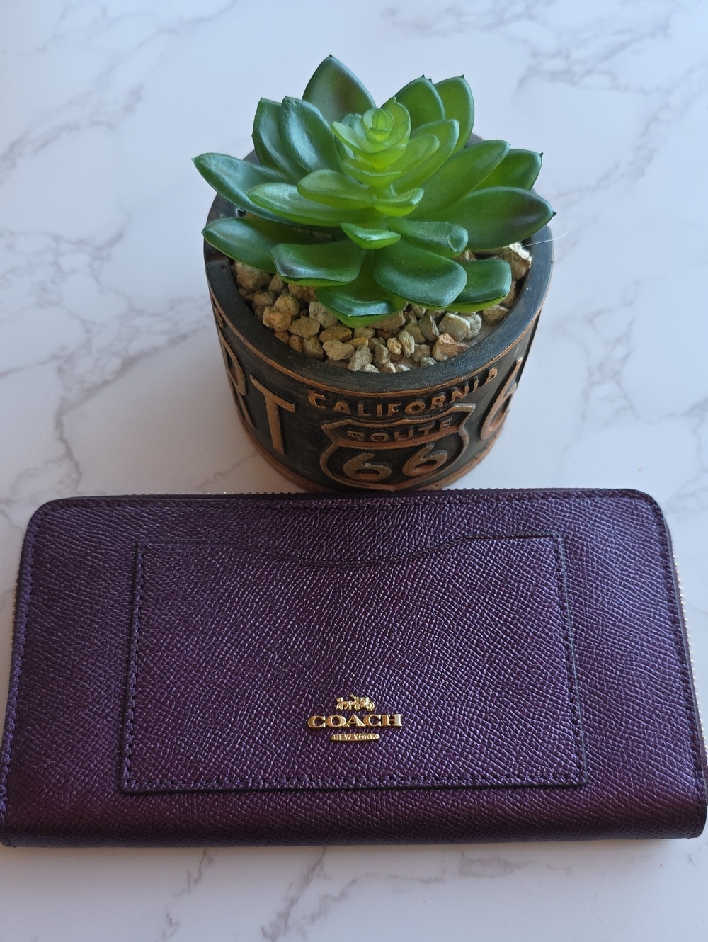 Coach Accordion Zip Wallet in Metallic Purple Plum with Gold Logo